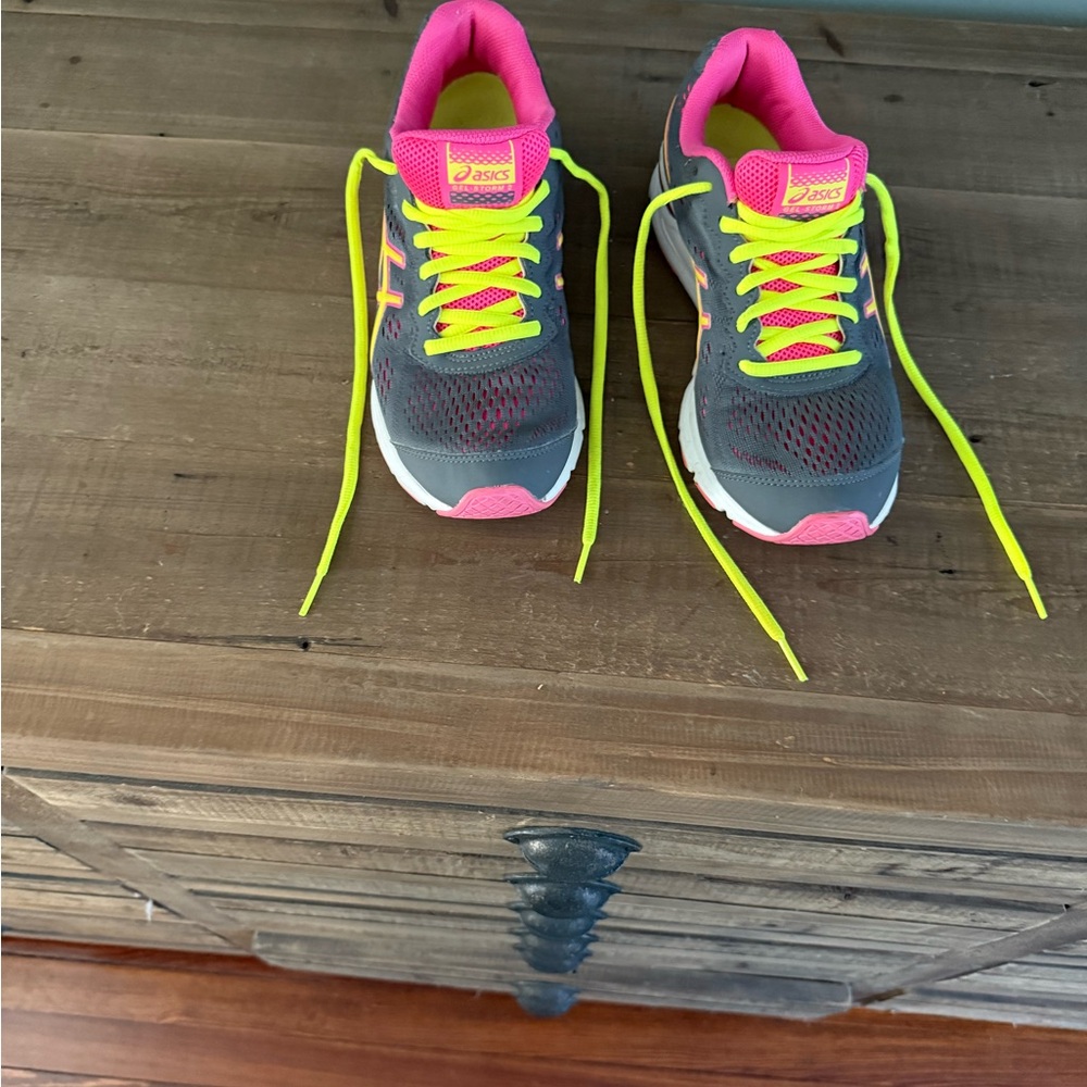 ASICS Women's Gray Running Shoes with Pink and Neon Yellow Accents